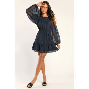 Lulus Darling Charmer Navy Blue Striped Puff Sleeve Ruffled Mini Dress - Size L